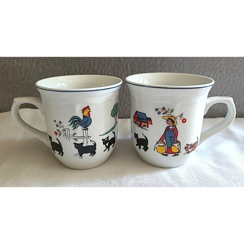 Oneida Stoneware Farm Friends Coffee Tea Cups Cats & Farmlife Set of 2